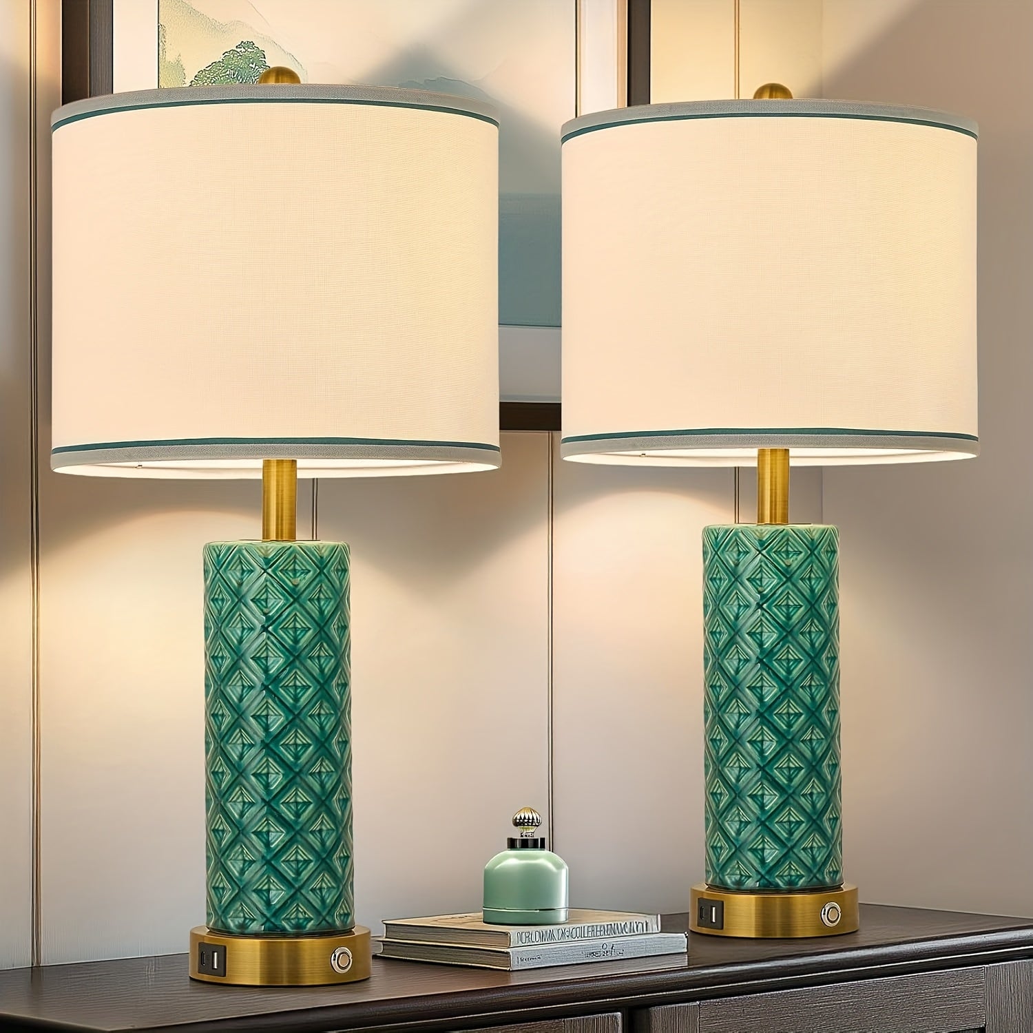 A Set of 2 Desk Lamps with USB A+C Port, 26 Inch Ceramic Bedside Desk Lamp, 3-speed Dimming, and Linen Lampshade for Living Room - Including 2 Light Bulbs