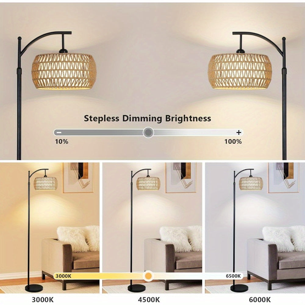 Arc Floor Lamp with Remote Control & App Control, Dimmable LED Floor Lamp with 3 Color Temperature, Smart Standing Lamp with Rattan & Fabric Double Drum Shade, Boho Farmhouse Tall Pole Lamp for Living Room Bedroom