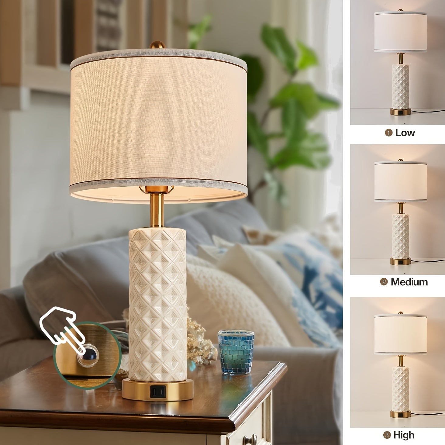 A Set of 2 Desk Lamps with USB A+C Port, 26 Inch Ceramic Bedside Desk Lamp, 3-speed Dimming, and Linen Lampshade for Living Room - Including 2 Light Bulbs