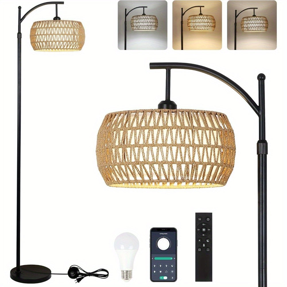 Arc Floor Lamp with Remote Control & App Control, Dimmable LED Floor Lamp with 3 Color Temperature, Smart Standing Lamp with Rattan & Fabric Double Drum Shade, Boho Farmhouse Tall Pole Lamp for Living Room Bedroom