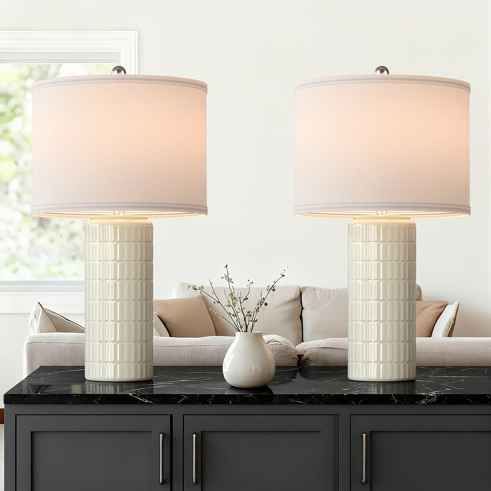 23 Inch Ceramic Table Lamp Set of 2 | Modern Farmhouse Style with White Bedside Lamps for Living Room, Bedroom, Office Desk Decor, Adjustable Lighting with Drum Fabric Shade, Ideal for Reading, Gift Idea