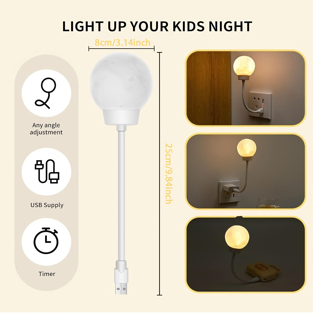 2pcs Voice Activated Moon Night Light, USB Plug-in 3-Color Dimmable LED Lamp with Sound Sensor, Wall & Tabletop Decor for Bedroom, Travel Camping, Birthday, Christmas & Holiday Gift