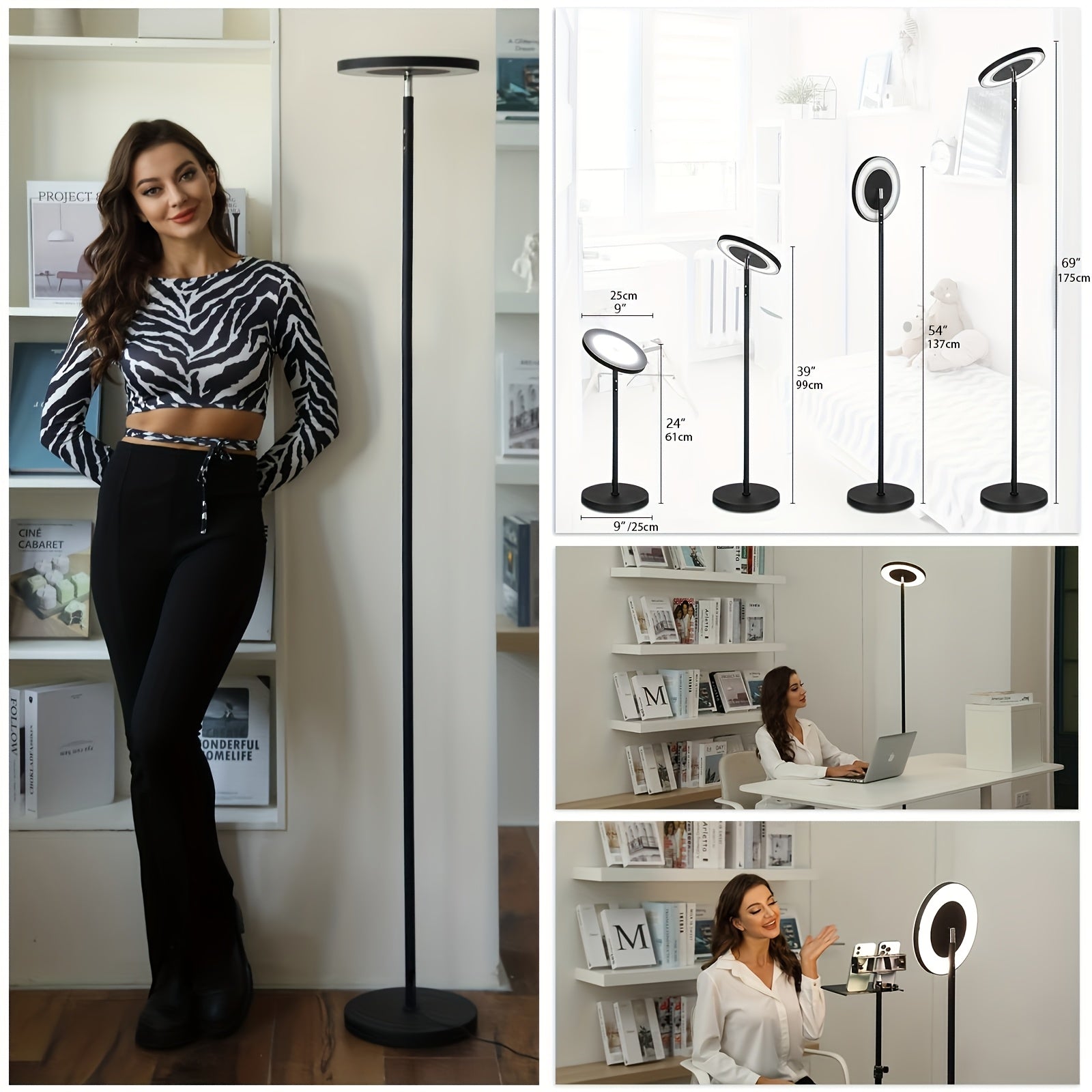 LED Floor Lamp Dimmable In Living Room -36W Rotating Floor Lamp Black 4-color Continuous Dimming - Floor Lamp with Remote Control And Touch Control In Living Room, Bedroom, Office