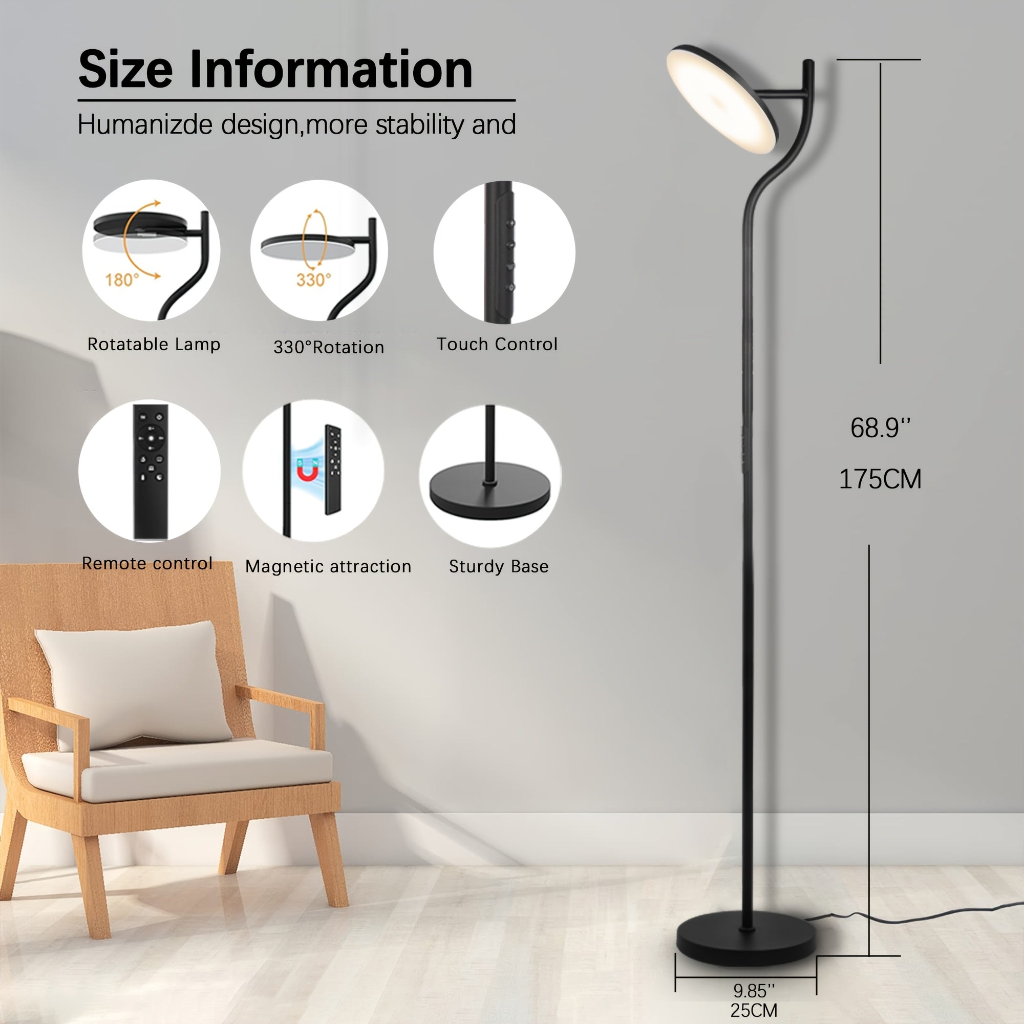 LED Floor Lamp Dimmable In Living Room -36W Rotating Floor Lamp Black 4-color Continuous Dimming - Floor Lamp with Remote Control And Touch Control In Living Room, Bedroom, Office