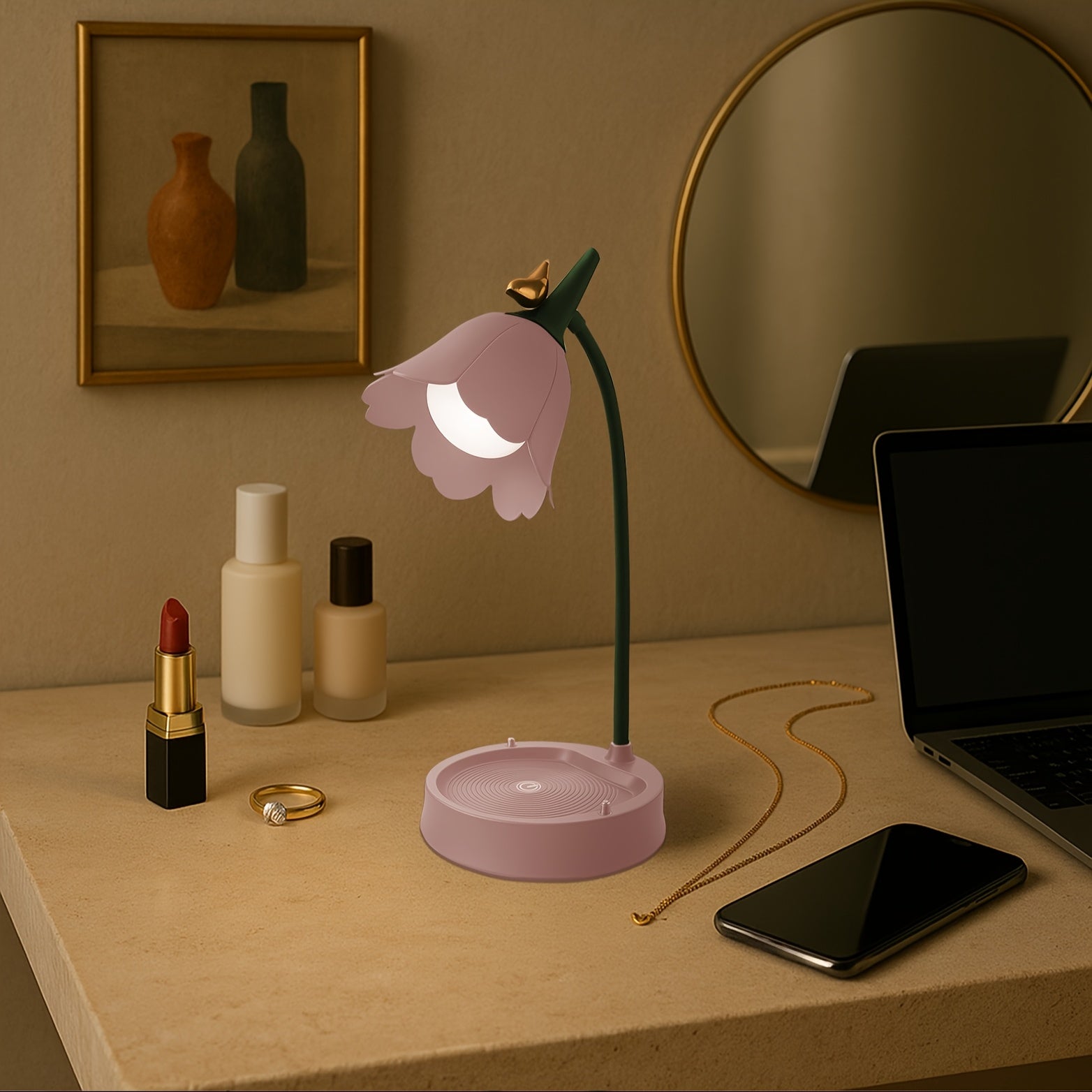 Stylish Floral Bird LED Desk Lamp | USB Rechargeable + 3-Color Stepless Dimming | Smart Touch Sensor Bedroom Decor Night Light for Reading & Study