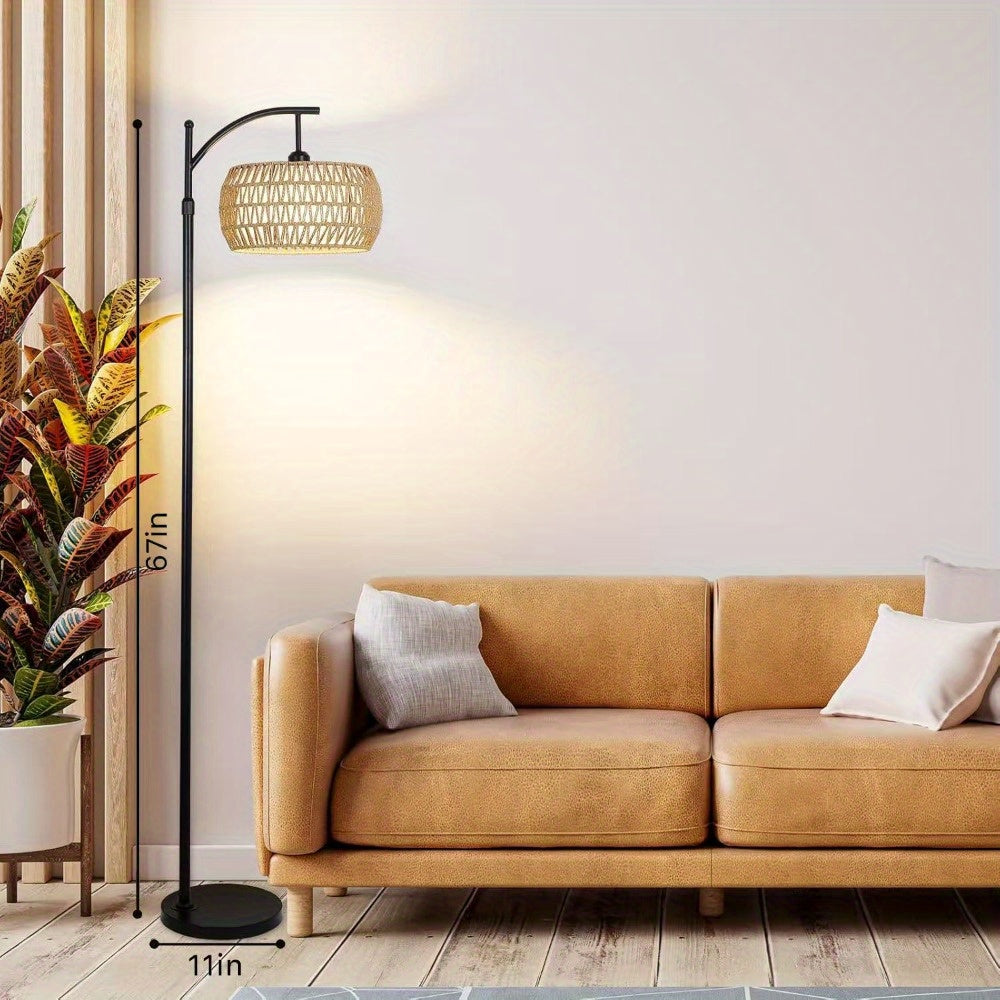 Arc Floor Lamp with Remote Control & App Control, Dimmable LED Floor Lamp with 3 Color Temperature, Smart Standing Lamp with Rattan & Fabric Double Drum Shade, Boho Farmhouse Tall Pole Lamp for Living Room Bedroom