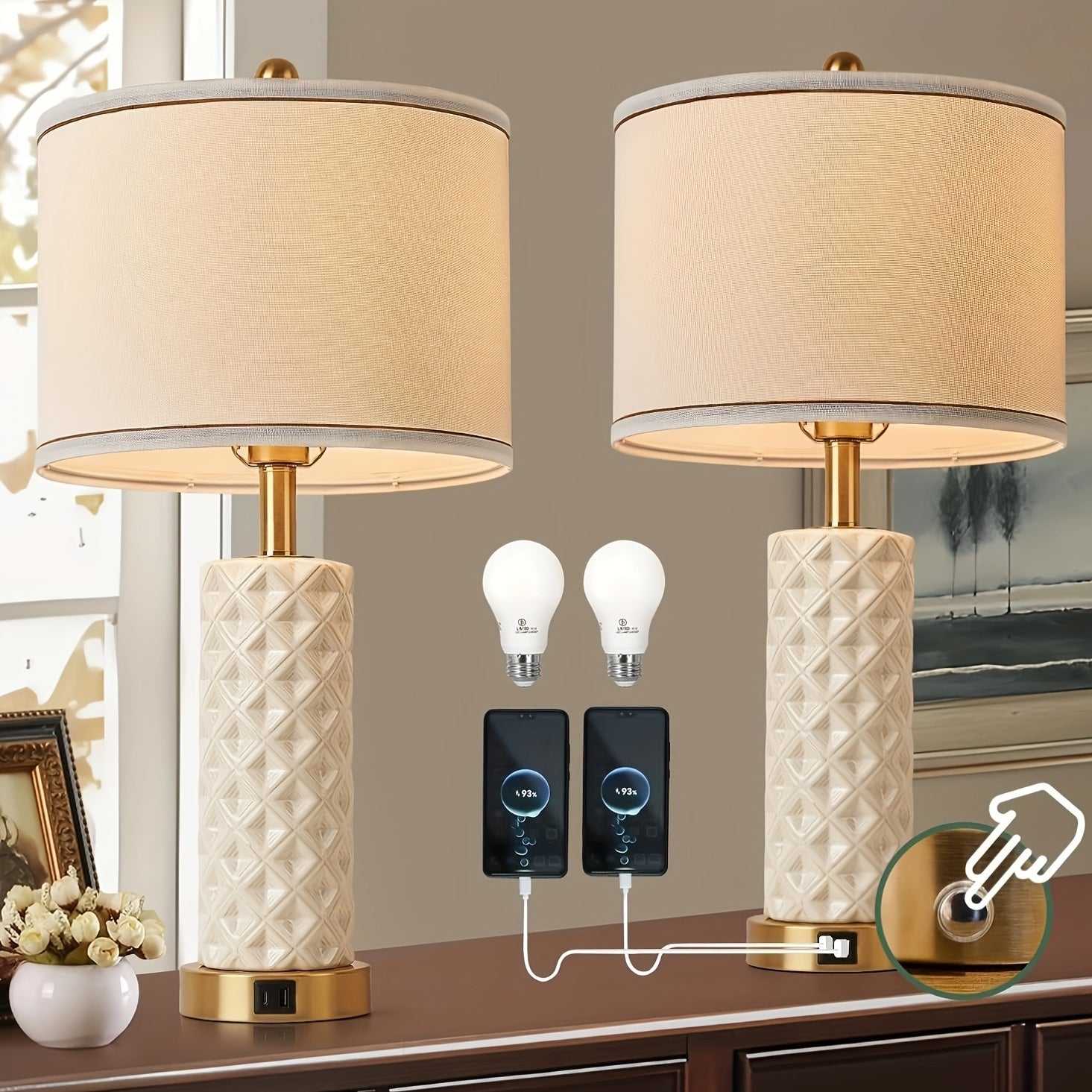 A Set of 2 Desk Lamps with USB A+C Port, 26 Inch Ceramic Bedside Desk Lamp, 3-speed Dimming, and Linen Lampshade for Living Room - Including 2 Light Bulbs