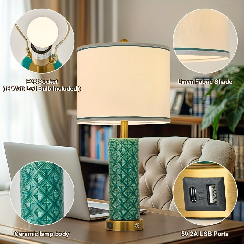 A Set of 2 Desk Lamps with USB A+C Port, 26 Inch Ceramic Bedside Desk Lamp, 3-speed Dimming, and Linen Lampshade for Living Room - Including 2 Light Bulbs