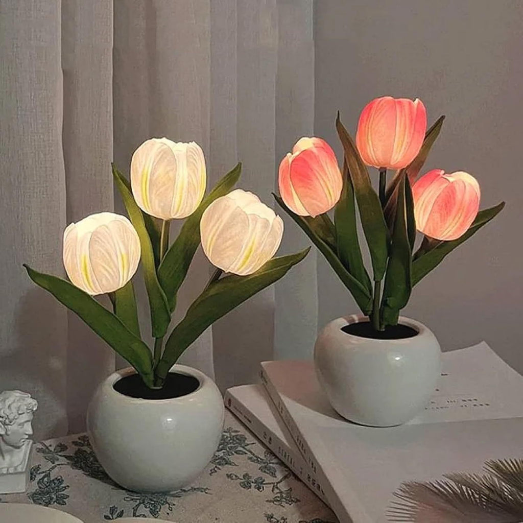 2pcs Tulip Night Light - Gifts for Her Artificial Flower LED Night Light Simulated Bonsai Table Lamp with Vase Valentine'S Day Birthday Gift for Home Living Room Desktop Decor