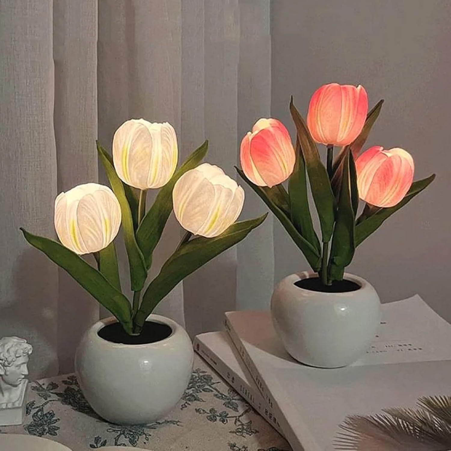 2pcs Tulip Night Light - Gifts for Her Artificial Flower LED Night Light Simulated Bonsai Table Lamp with Vase Valentine'S Day Birthday Gift for Home Living Room Desktop Decor