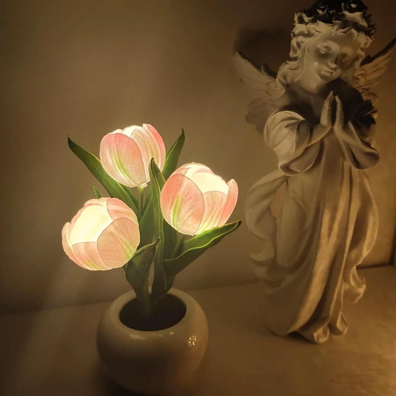 2pcs Tulip Night Light - Gifts for Her Artificial Flower LED Night Light Simulated Bonsai Table Lamp with Vase Valentine'S Day Birthday Gift for Home Living Room Desktop Decor