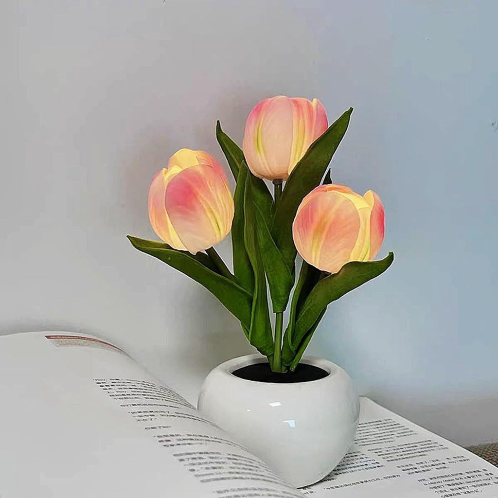 2pcs Tulip Night Light - Gifts for Her Artificial Flower LED Night Light Simulated Bonsai Table Lamp with Vase Valentine'S Day Birthday Gift for Home Living Room Desktop Decor