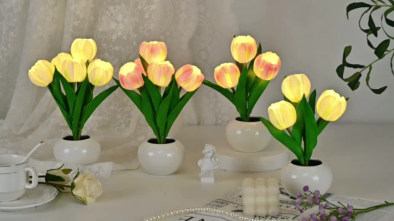 2pcs Tulip Night Light - Gifts for Her Artificial Flower LED Night Light Simulated Bonsai Table Lamp with Vase Valentine'S Day Birthday Gift for Home Living Room Desktop Decor