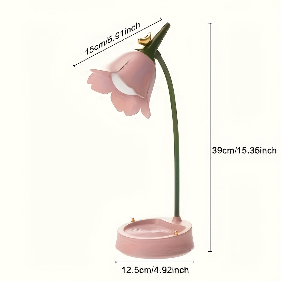 Stylish Floral Bird LED Desk Lamp | USB Rechargeable + 3-Color Stepless Dimming | Smart Touch Sensor Bedroom Decor Night Light for Reading & Study