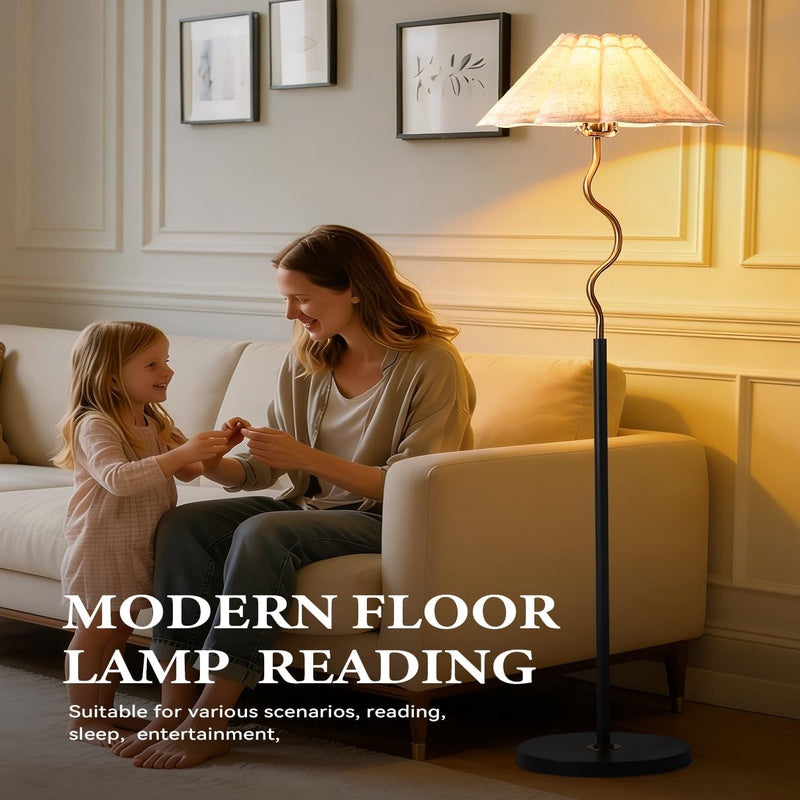 Gold Floor Lamp with Pleated Linen Lampshade, Modern Flower Floor Lamp for Living Room Arc Standing Lamp for Bedroom Office Dining Room Bulb Included