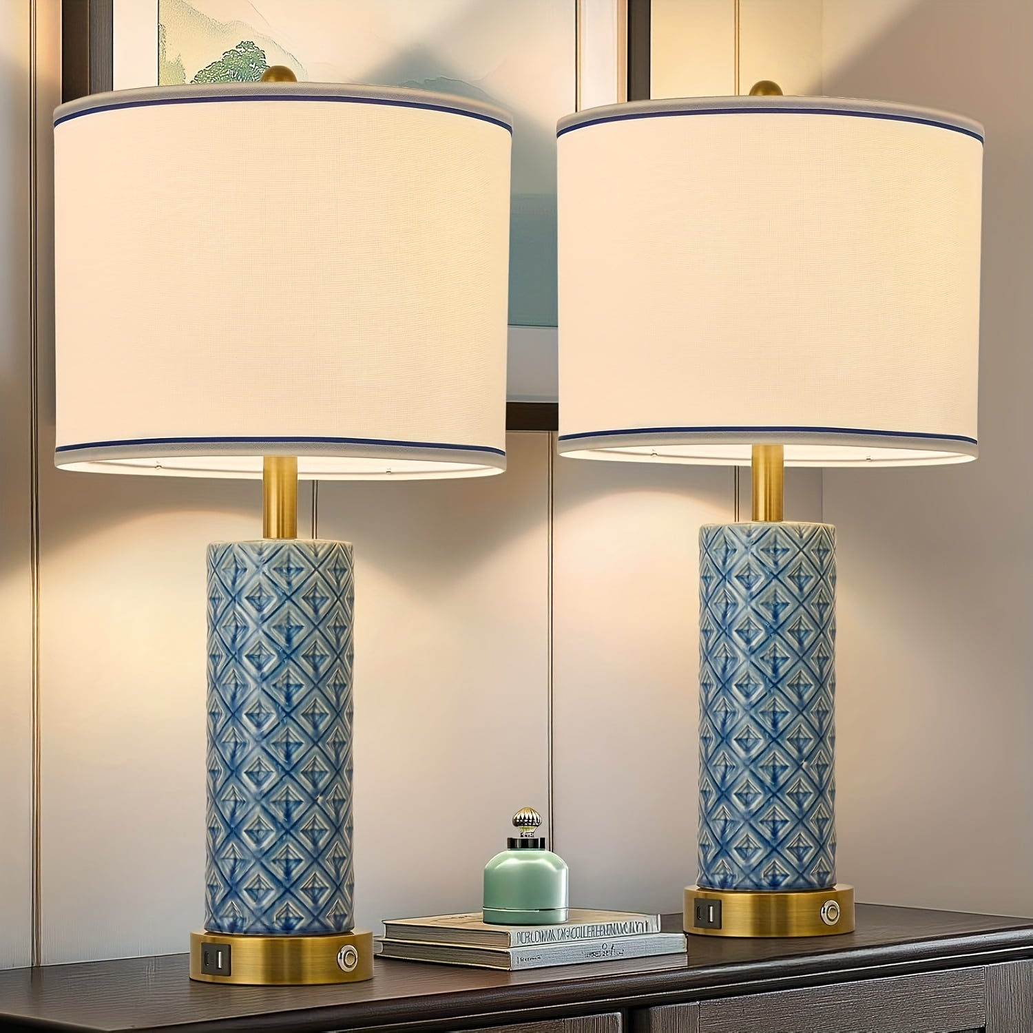 A Set of 2 Desk Lamps with USB A+C Port, 26 Inch Ceramic Bedside Desk Lamp, 3-speed Dimming, and Linen Lampshade for Living Room - Including 2 Light Bulbs
