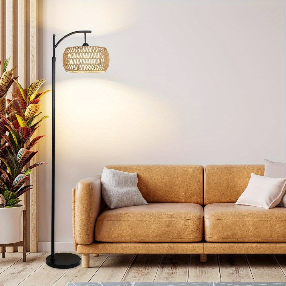 Arc Floor Lamp with Remote Control & App Control, Dimmable LED Floor Lamp with 3 Color Temperature, Smart Standing Lamp with Rattan & Fabric Double Drum Shade, Boho Farmhouse Tall Pole Lamp for Living Room Bedroom