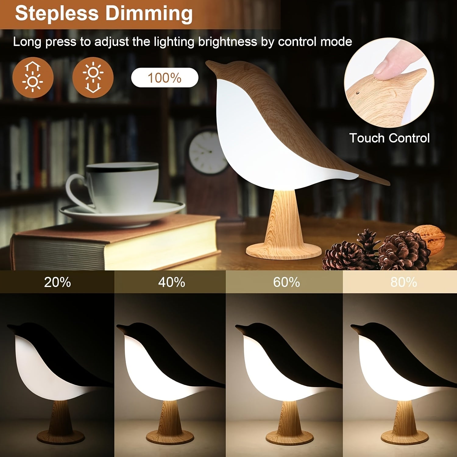 1pc Rechargeable Portable Birdwood Night Light, Aromatherapy-Compatible, 3 Color Temperatures, Dimmable Touch Control, Built-in Battery, Hangable, Suitable for Bedroom, Bedside, Gift And Outdoor Camping Use