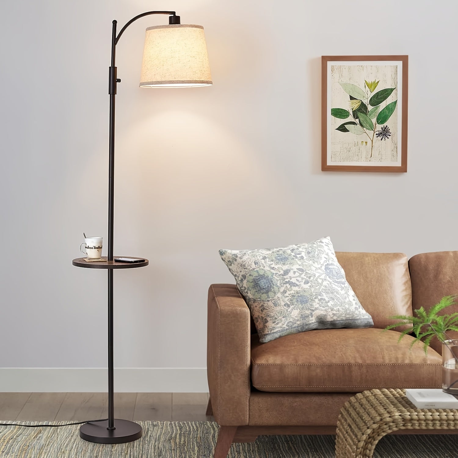 Adjustable Light Living Room Floor Lamp with Rotary Switch, Equipped with Beige Tablecloth And Linen Lampshade, High Adjustable Bedroom Light, Including LED Light Bulbs