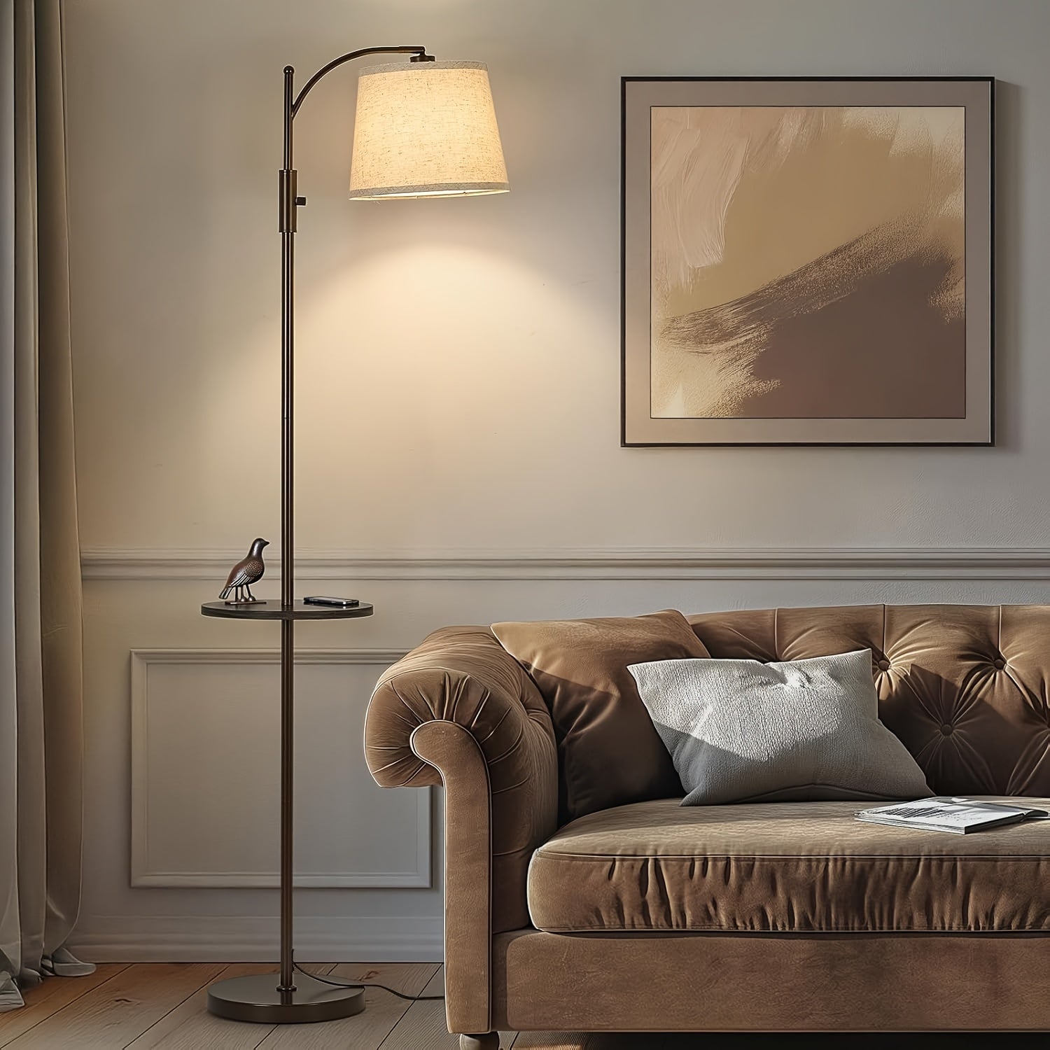 Adjustable Light Living Room Floor Lamp with Rotary Switch, Equipped with Beige Tablecloth And Linen Lampshade, High Adjustable Bedroom Light, Including LED Light Bulbs