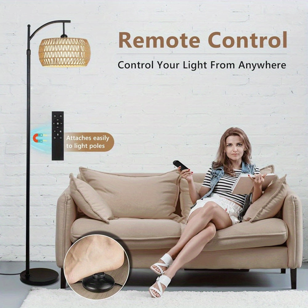 Arc Floor Lamp with Remote Control & App Control, Dimmable LED Floor Lamp with 3 Color Temperature, Smart Standing Lamp with Rattan & Fabric Double Drum Shade, Boho Farmhouse Tall Pole Lamp for Living Room Bedroom