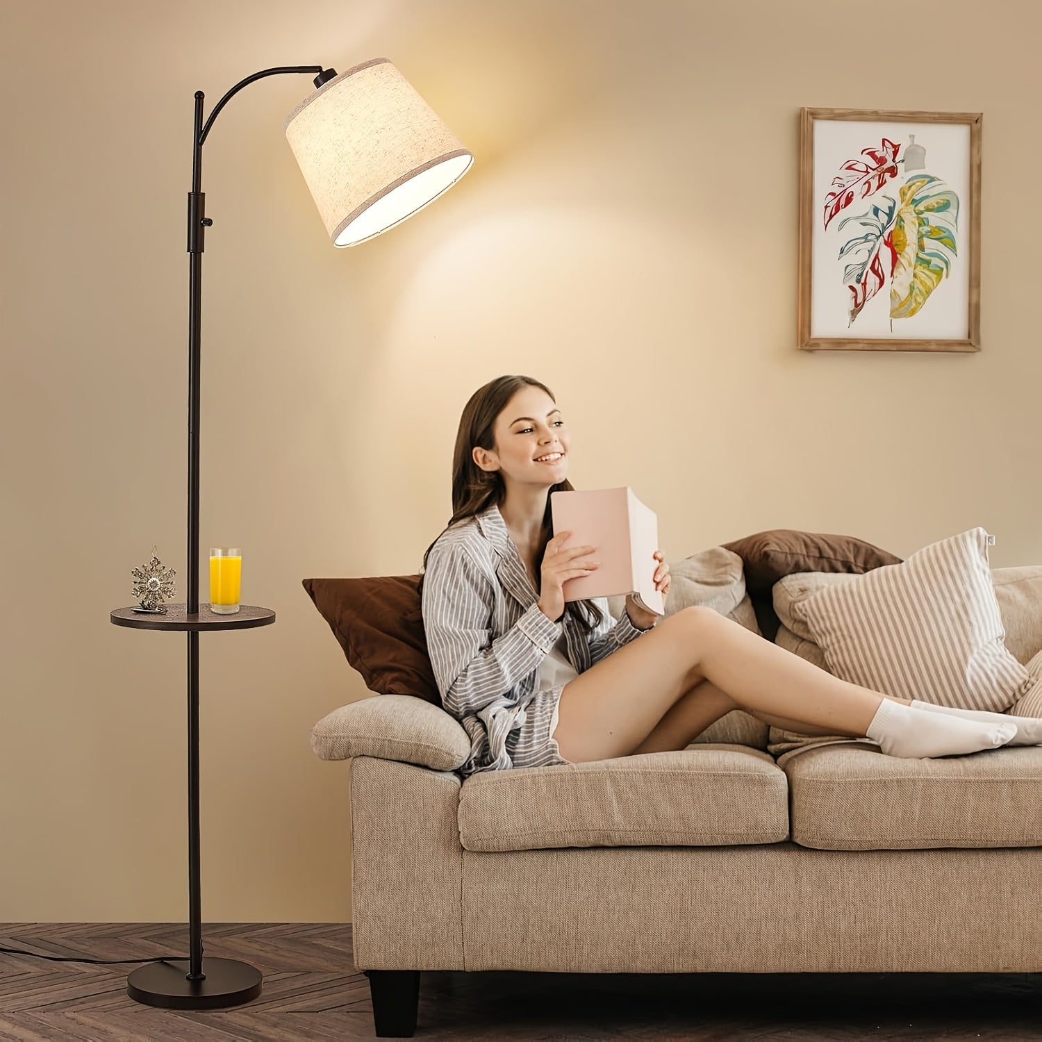 Adjustable Light Living Room Floor Lamp with Rotary Switch, Equipped with Beige Tablecloth And Linen Lampshade, High Adjustable Bedroom Light, Including LED Light Bulbs