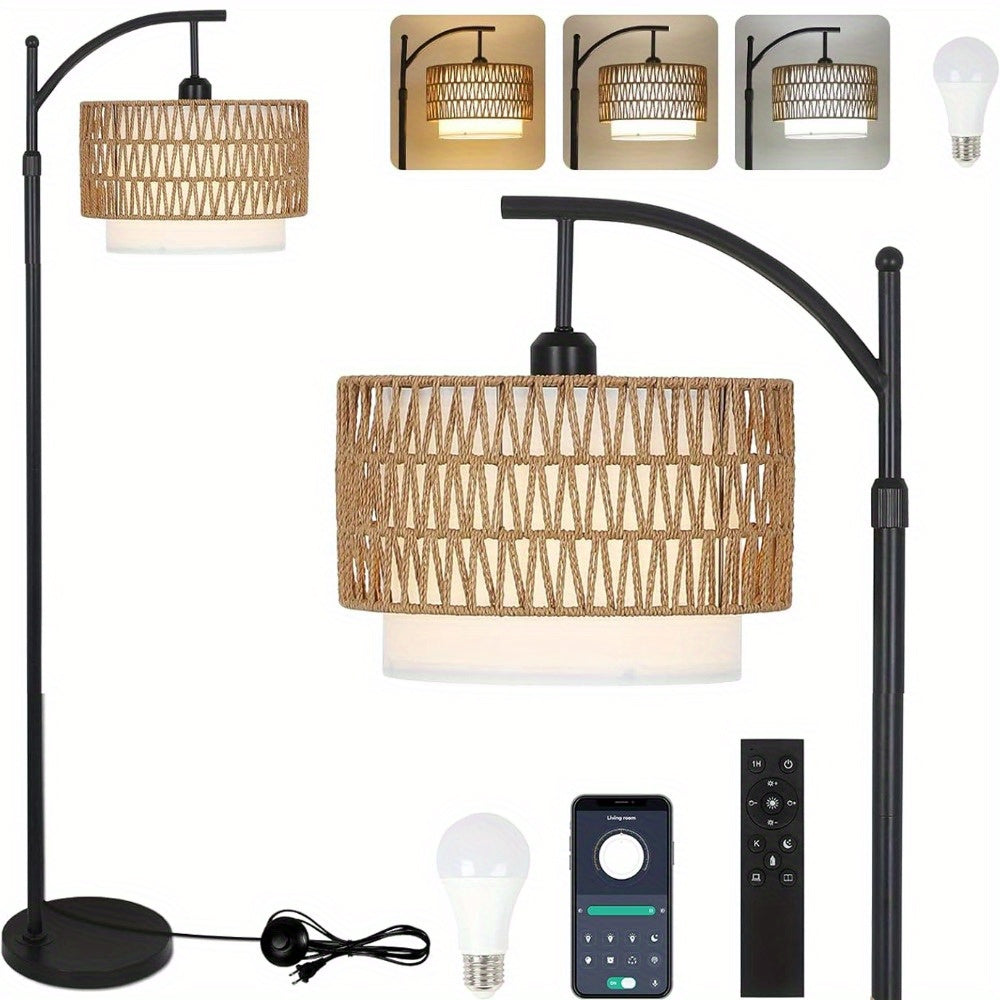 Arc Floor Lamp with Remote Control & App Control, Dimmable LED Floor Lamp with 3 Color Temperature, Smart Standing Lamp with Rattan & Fabric Double Drum Shade, Boho Farmhouse Tall Pole Lamp for Living Room Bedroom