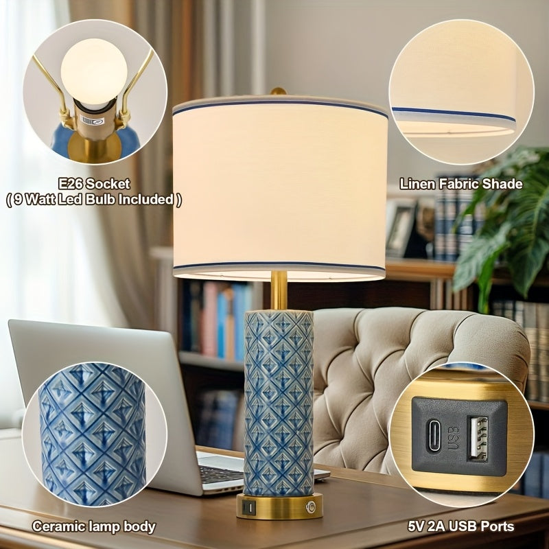 A Set of 2 Desk Lamps with USB A+C Port, 26 Inch Ceramic Bedside Desk Lamp, 3-speed Dimming, and Linen Lampshade for Living Room - Including 2 Light Bulbs