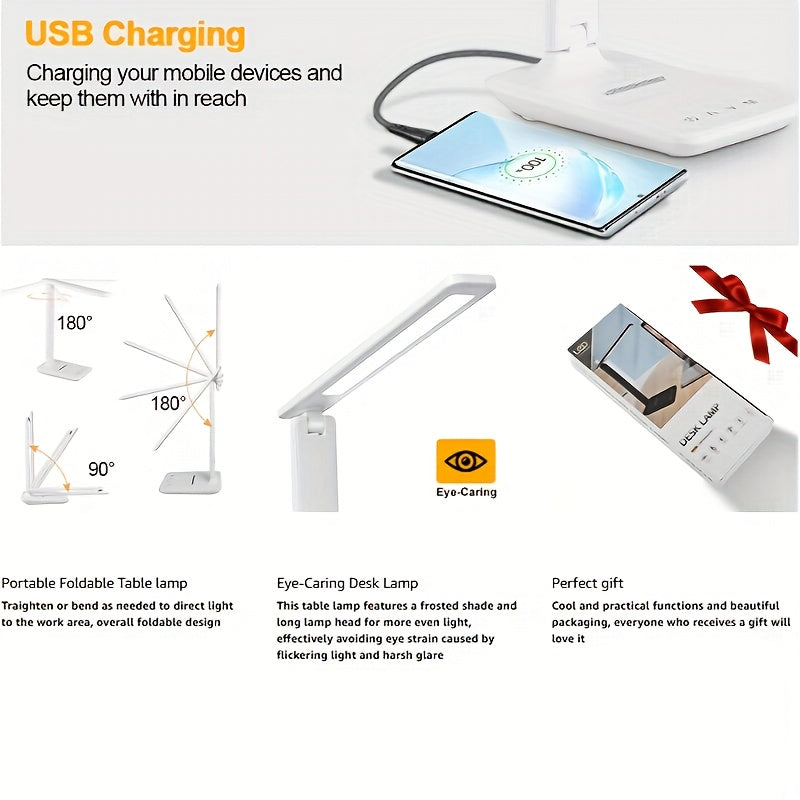 LED Folding Table Lamp with Multi-color Temperature And Multi-brightness Touch Switch, USB-powered, Suitable for Studying And Eye Protection