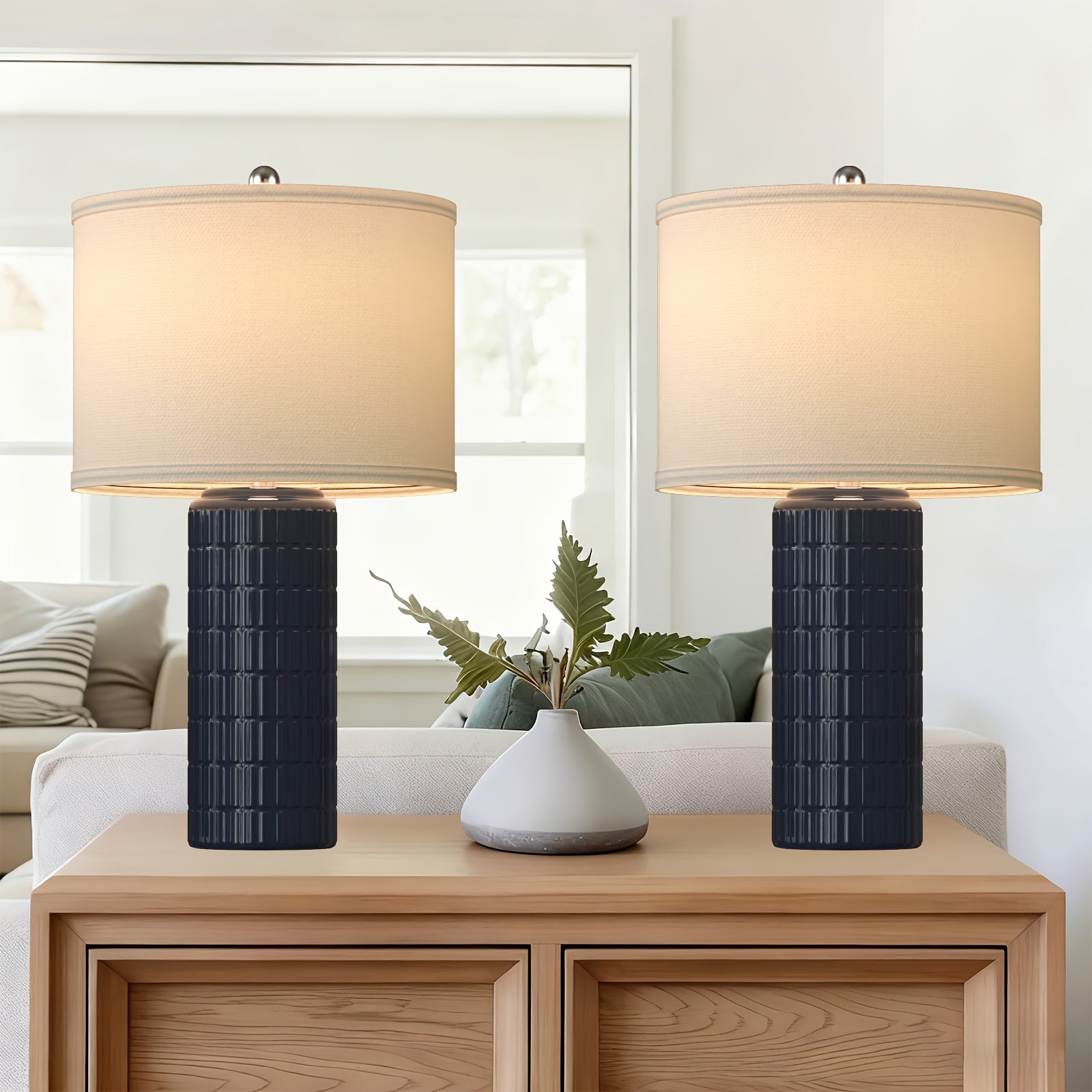 23 Inch Ceramic Table Lamp Set of 2 | Modern Farmhouse Style with White Bedside Lamps for Living Room, Bedroom, Office Desk Decor, Adjustable Lighting with Drum Fabric Shade, Ideal for Reading, Gift Idea