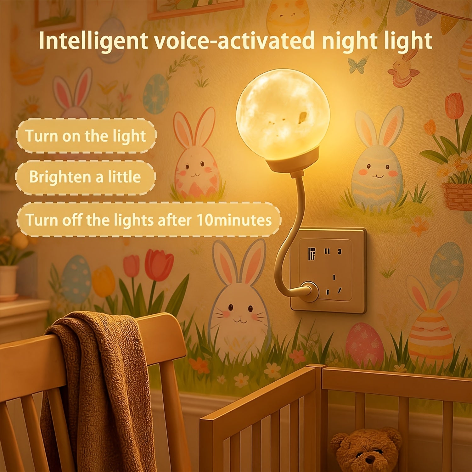 2pcs Voice Activated Moon Night Light, USB Plug-in 3-Color Dimmable LED Lamp with Sound Sensor, Wall & Tabletop Decor for Bedroom, Travel Camping, Birthday, Christmas & Holiday Gift