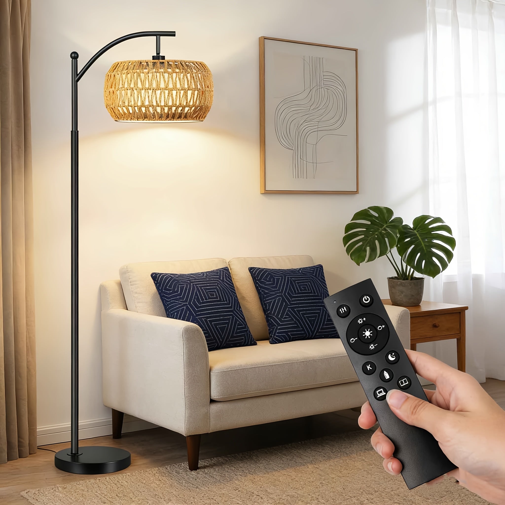 Arc Floor Lamp For Living Room Bedroom -Black Metal Body With Paper Rope & Fabric Shade, Dimmable Color Temperature, Remote-Controlled Industrial Bohemian Farmhouse Standing Light