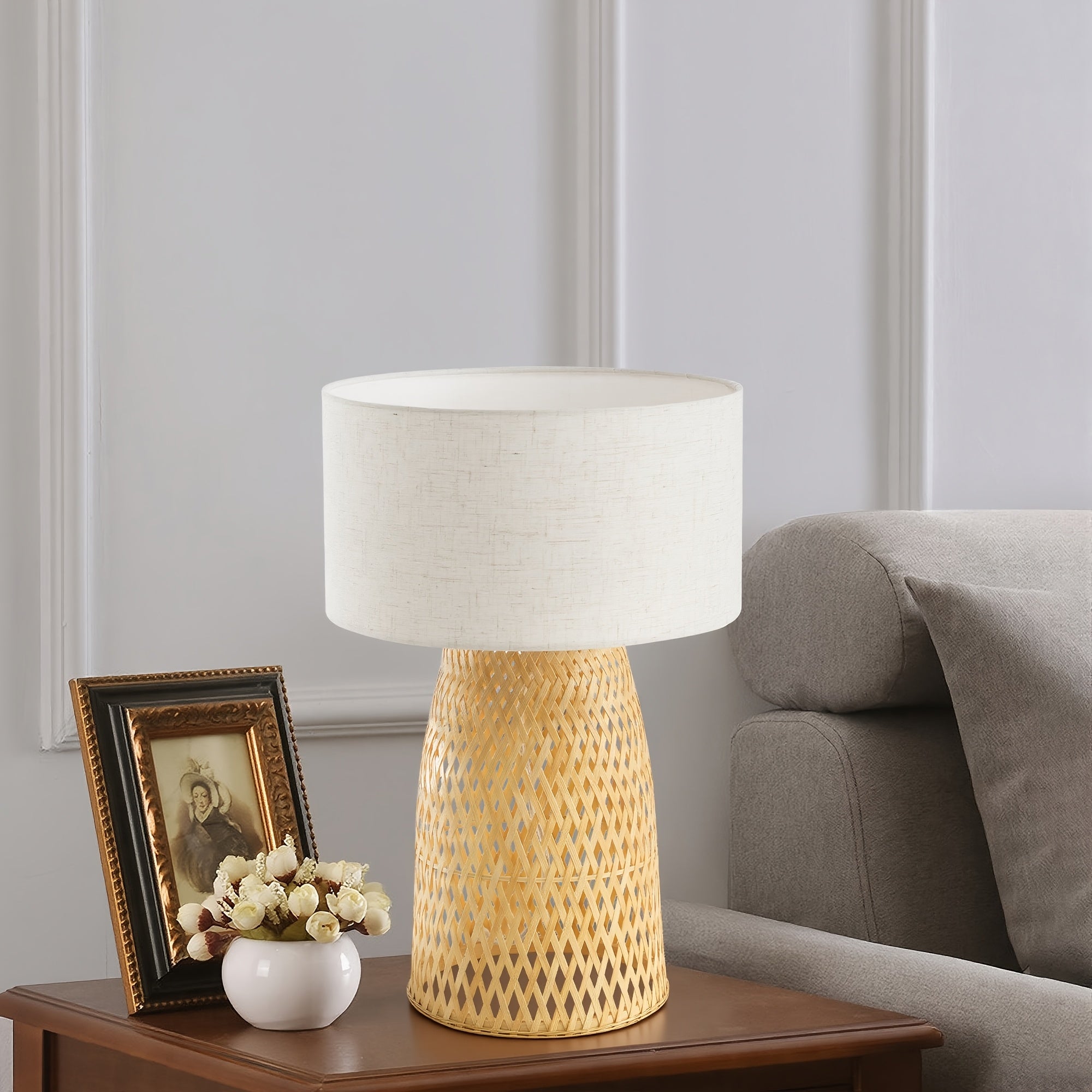 Set Of 1 Handwoven Bamboo Table Lamp with Linen Shade for Bedroom